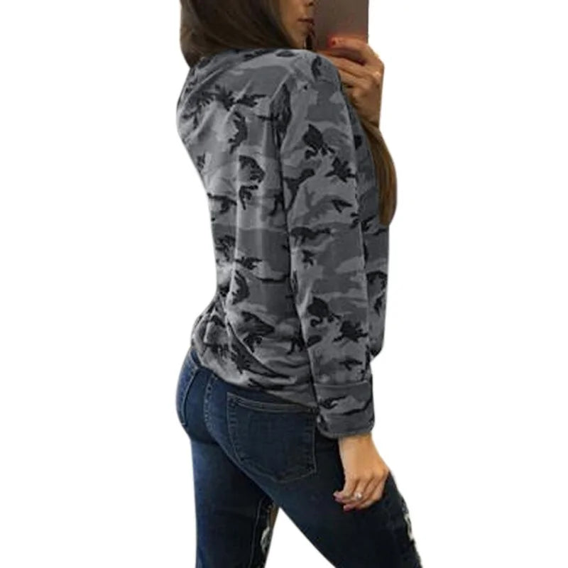 Women's Camouflage V-Neck Hooded Sweatshirt with Long Sleeves Camo Colors