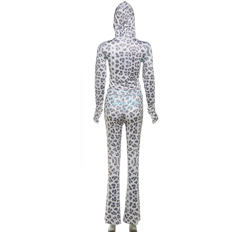 Leopard Letter Print 2-Piece Tracksuit – Crop Hoodie & Flare Pants | Camo Colors