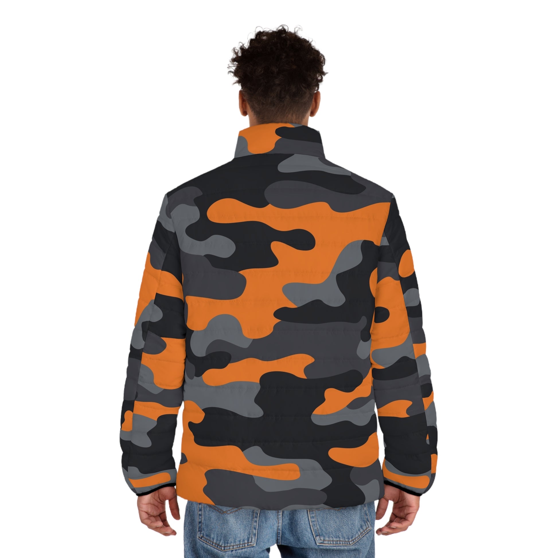 Camo Puffer Jacket | Orange, Gray & Black Camo Colors