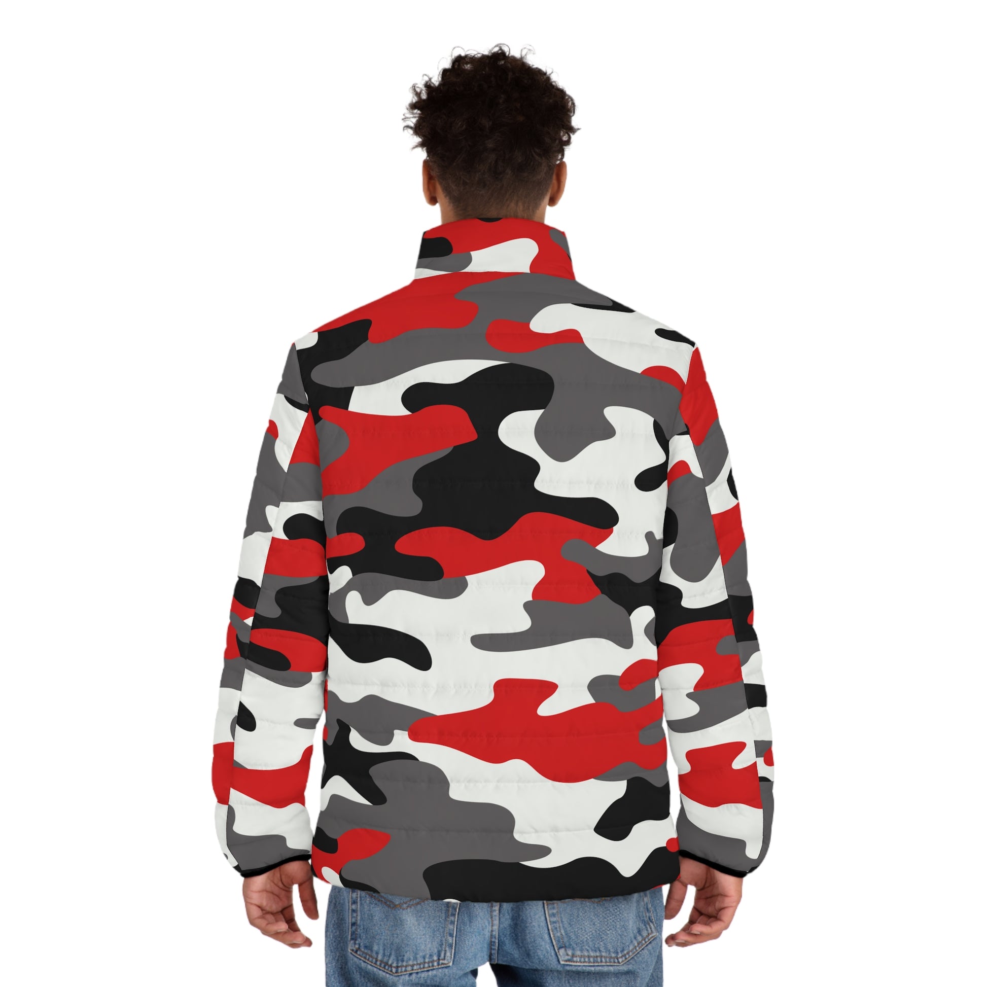 Men's Camo Puffer Jacket | Red, Black, and White Camouflage Camo Colors