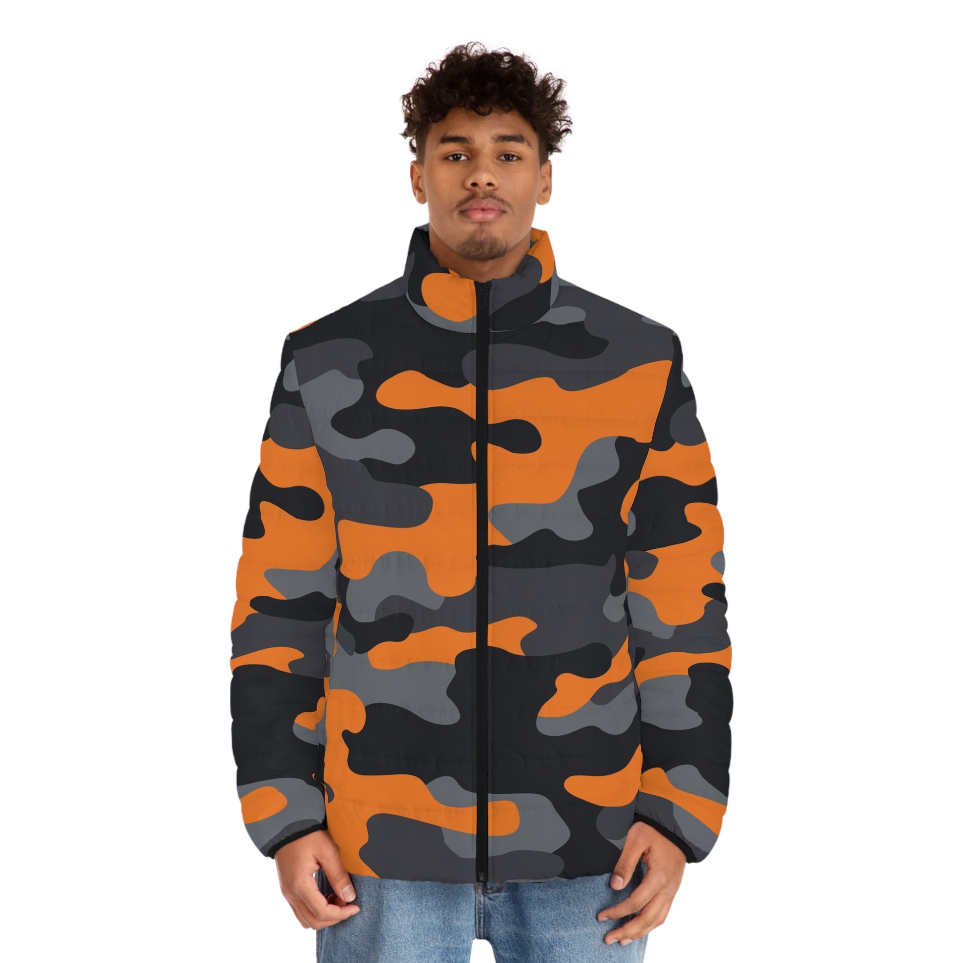 Camo Puffer Jacket | Orange, Gray & Black Camo Colors
