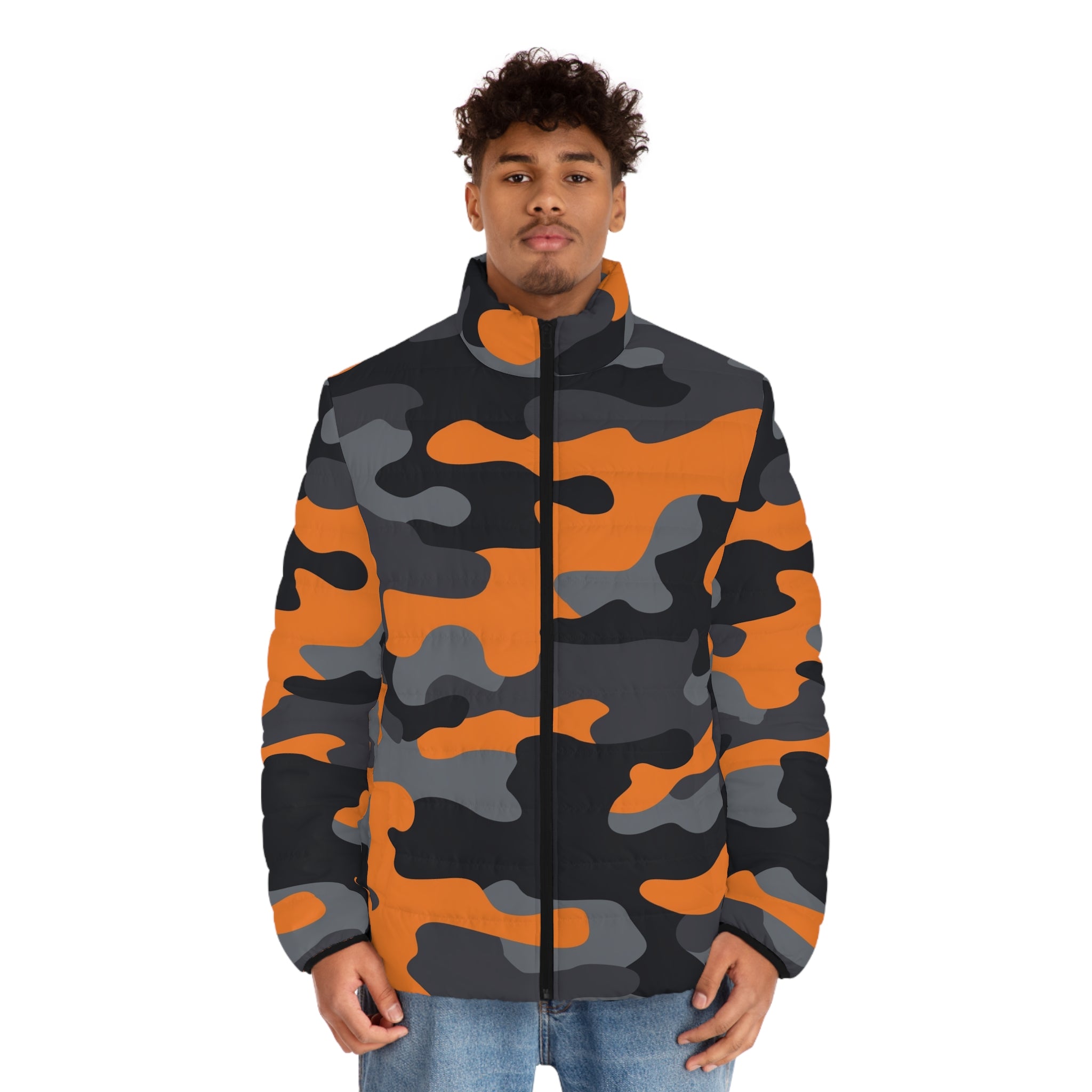 Camo Puffer Jacket | Orange, Gray & Black Camo Colors