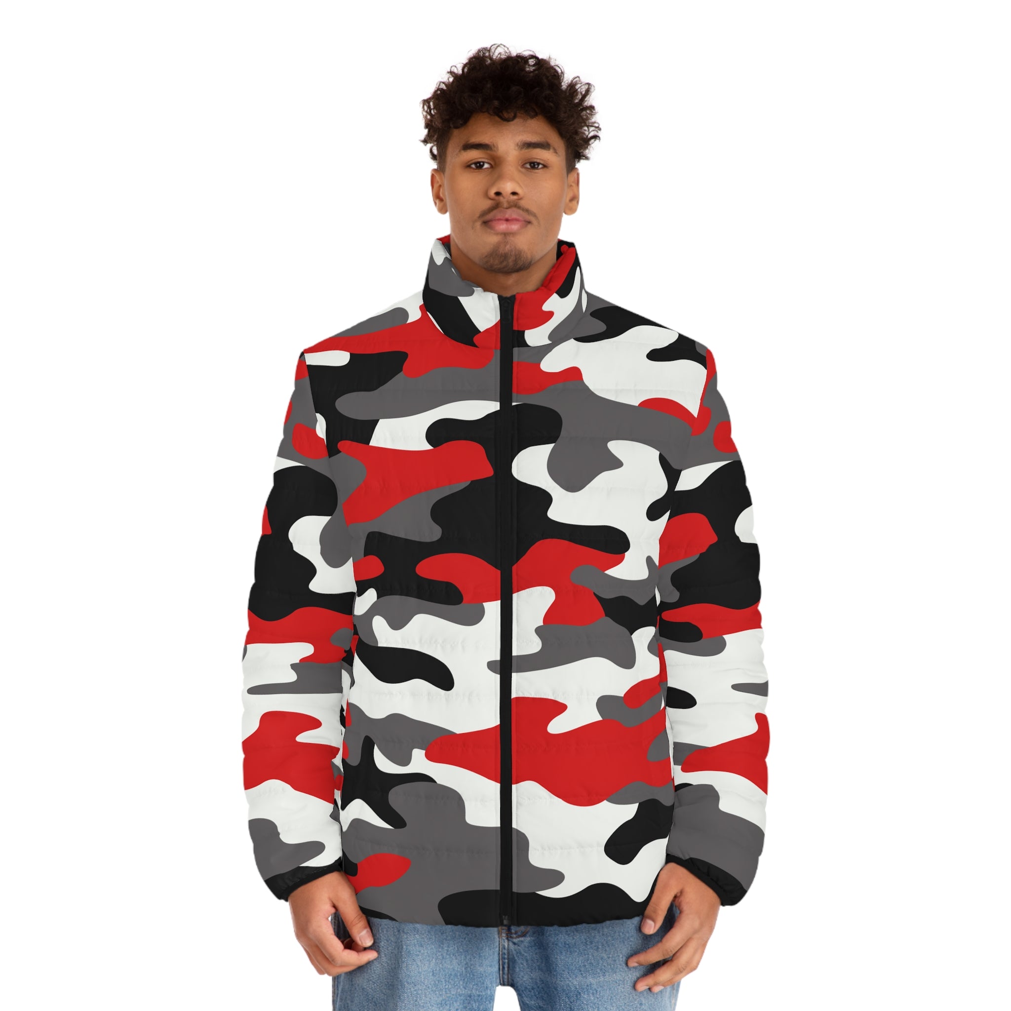 Men's Camo Puffer Jacket | Red, Black, and White Camouflage Camo Colors