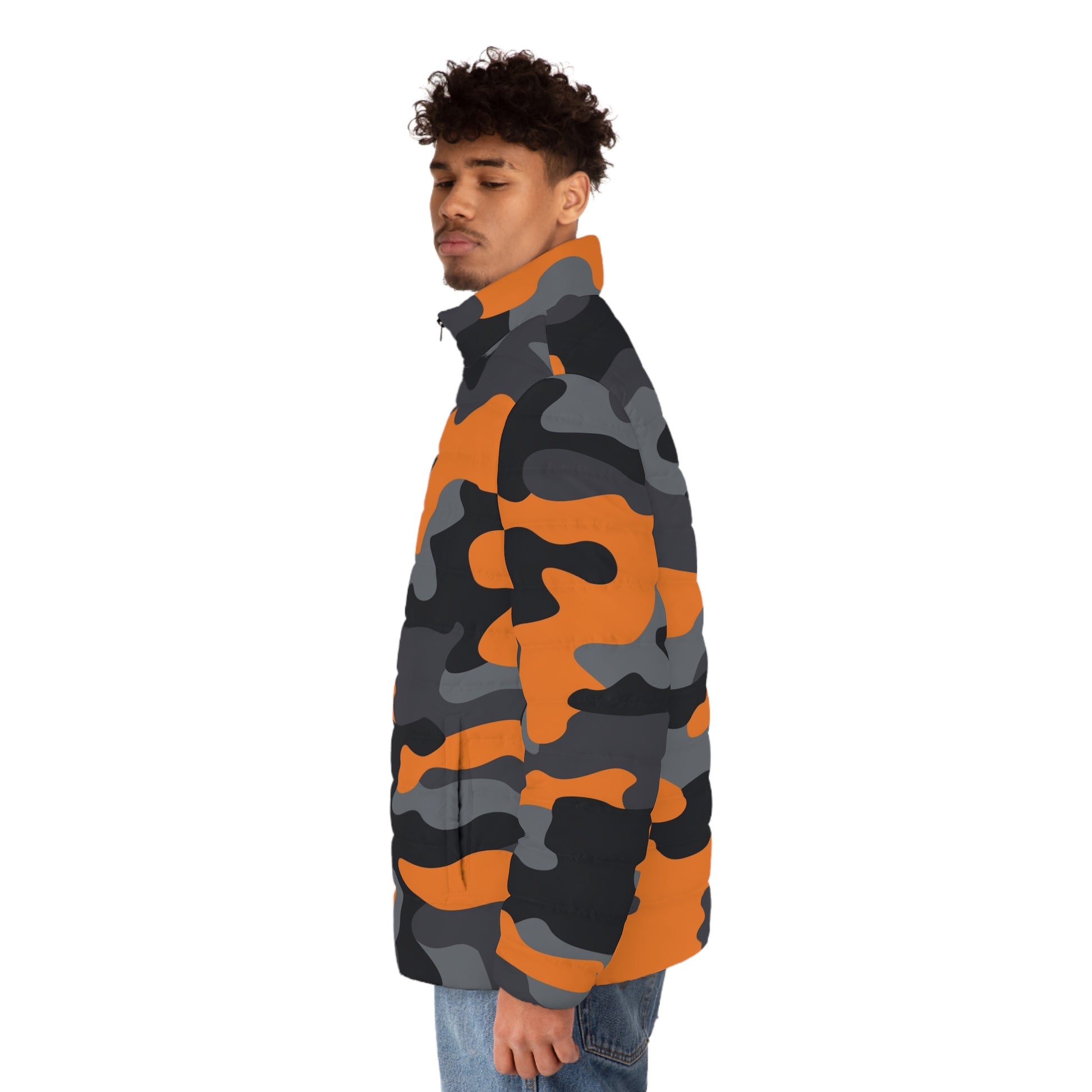 Camo Puffer Jacket | Orange, Gray & Black Camo Colors