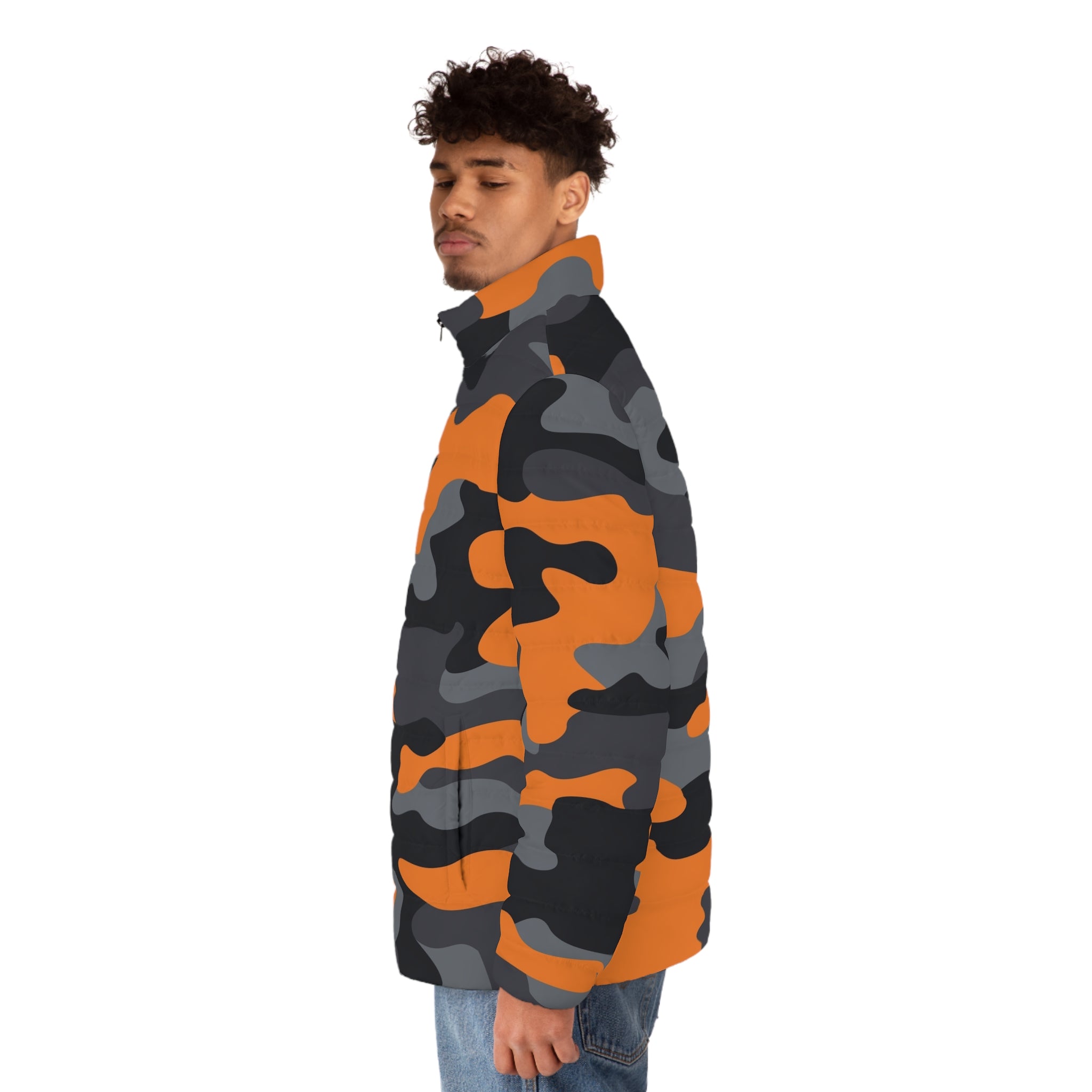 Camo Puffer Jacket | Orange, Gray & Black Camo Colors