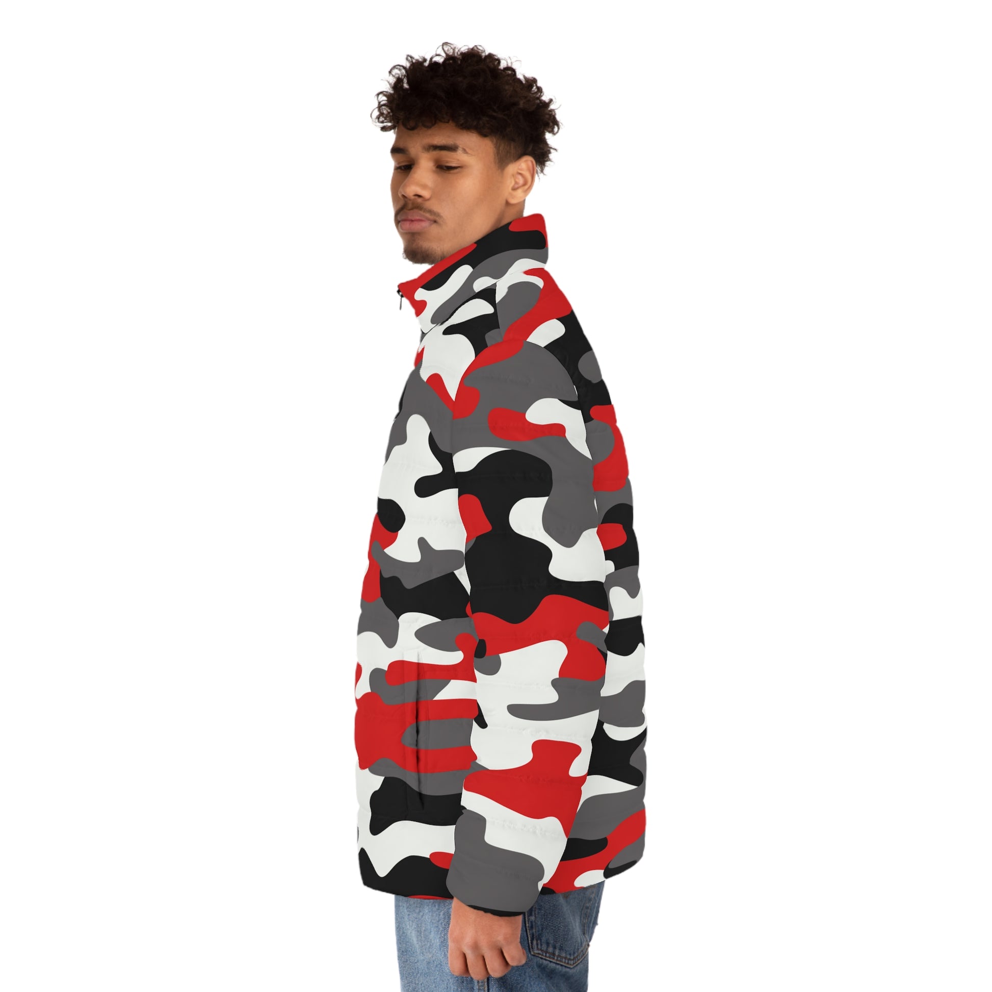 Men's Camo Puffer Jacket | Red, Black, and White Camouflage Camo Colors
