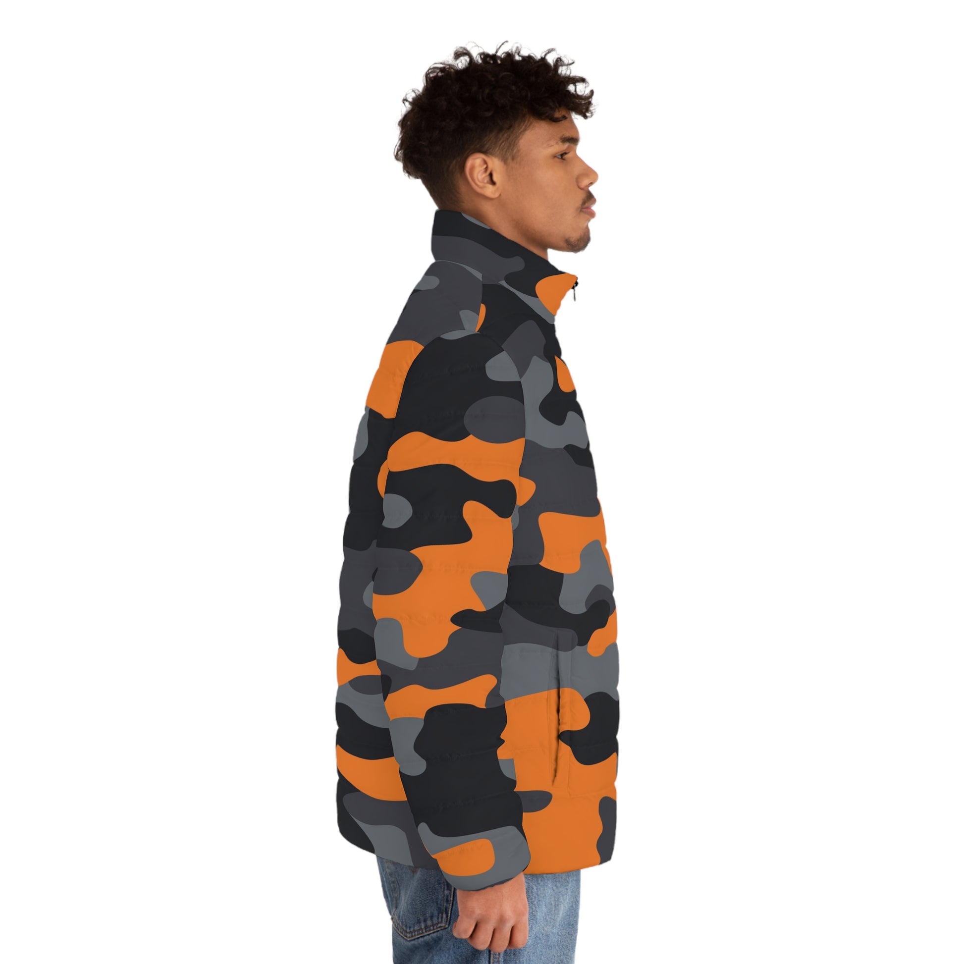 Camo Puffer Jacket | Orange, Gray & Black Camo Colors