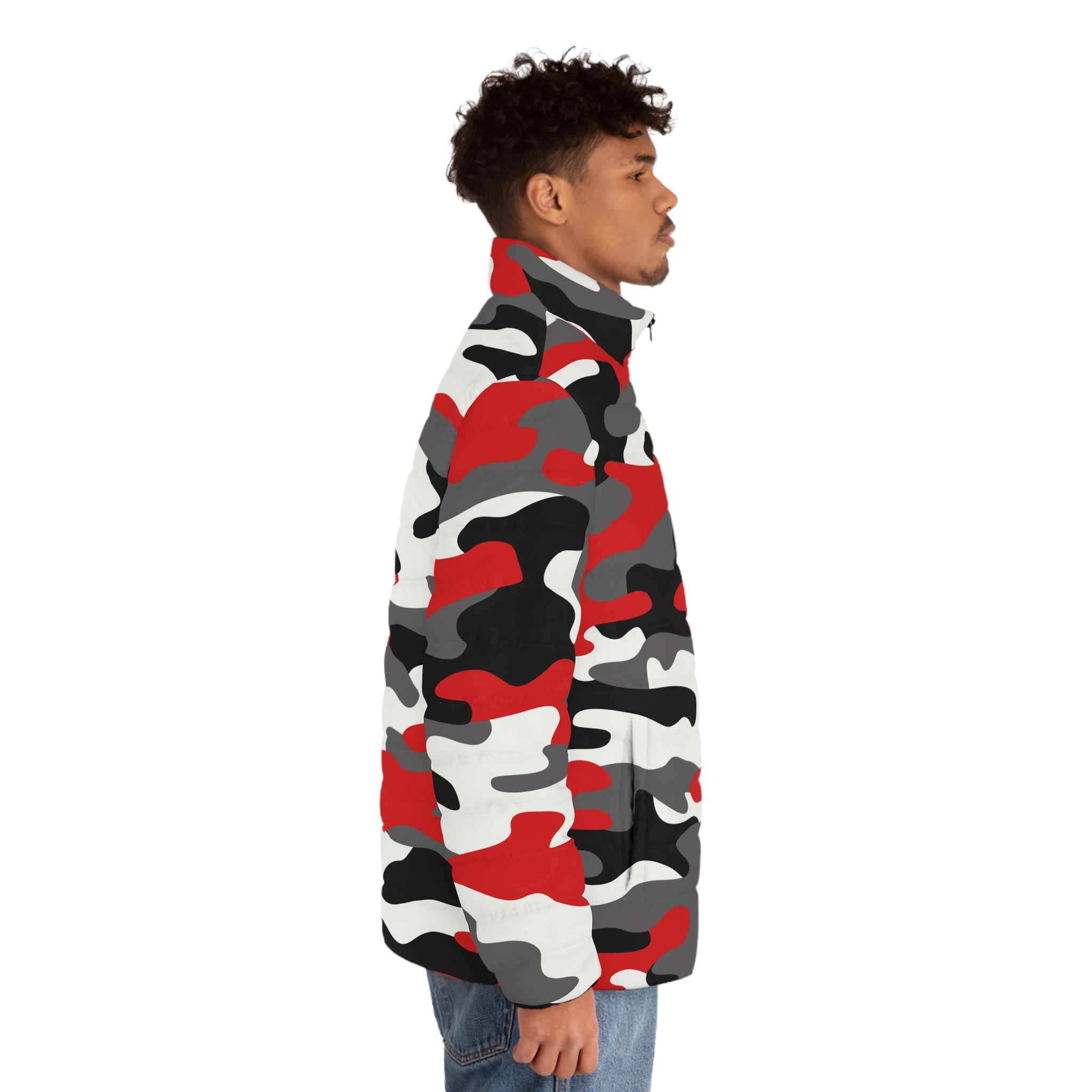 Men's Camo Puffer Jacket | Red, Black, and White Camouflage Camo Colors