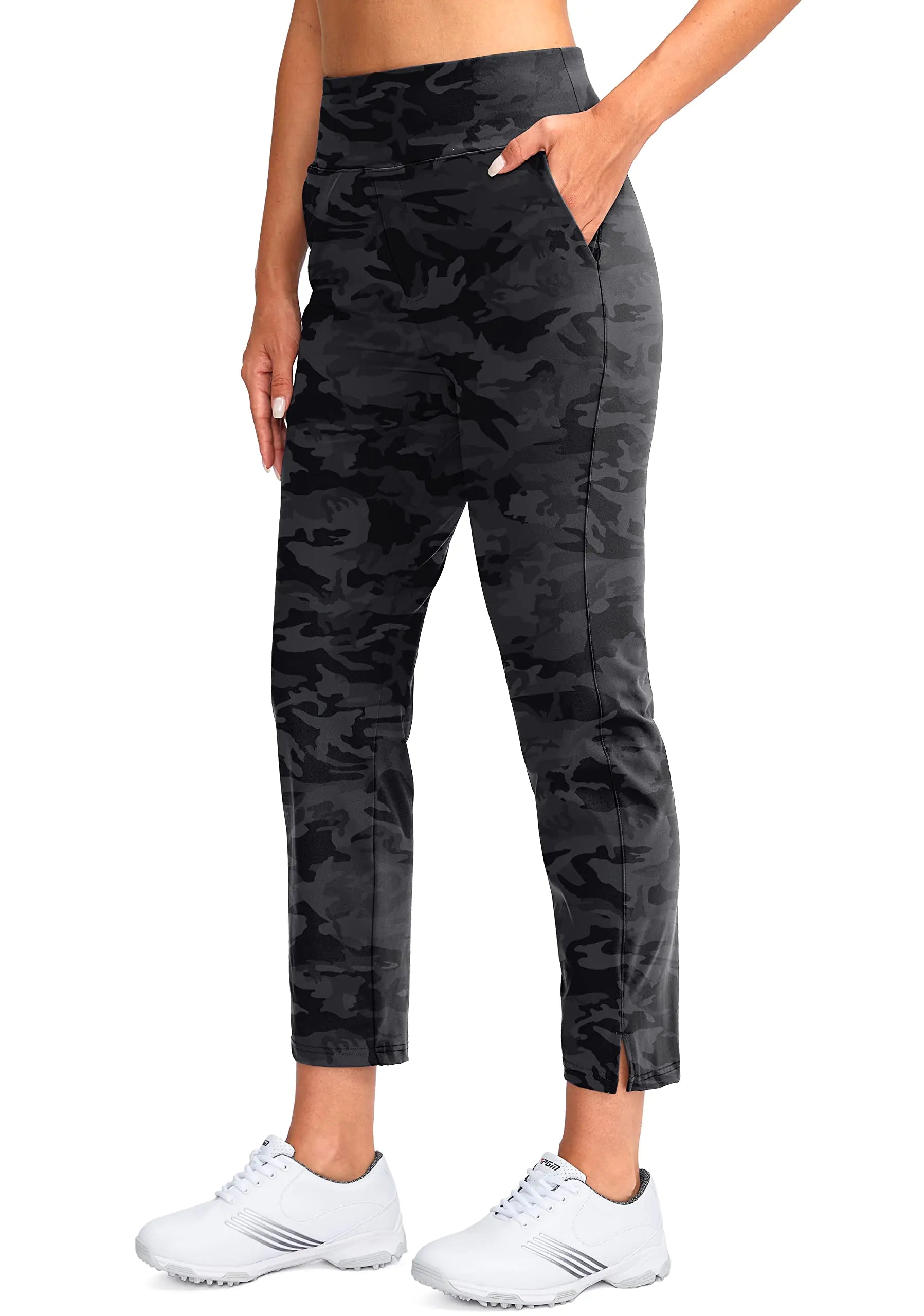 Grey Camo Women's Golf Pants Stretch Work Ankle Pants High Waist Camo Colors
