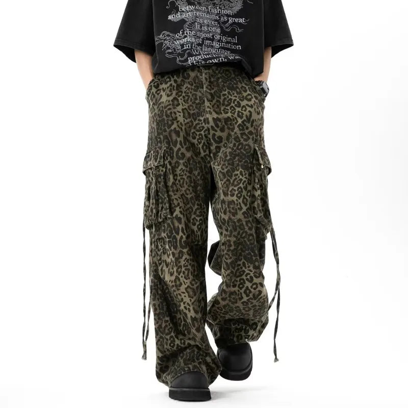 Cyber Y2K Leopard Baggy Stacked Cargo Jeans | Streetwear Style | Camo Colors