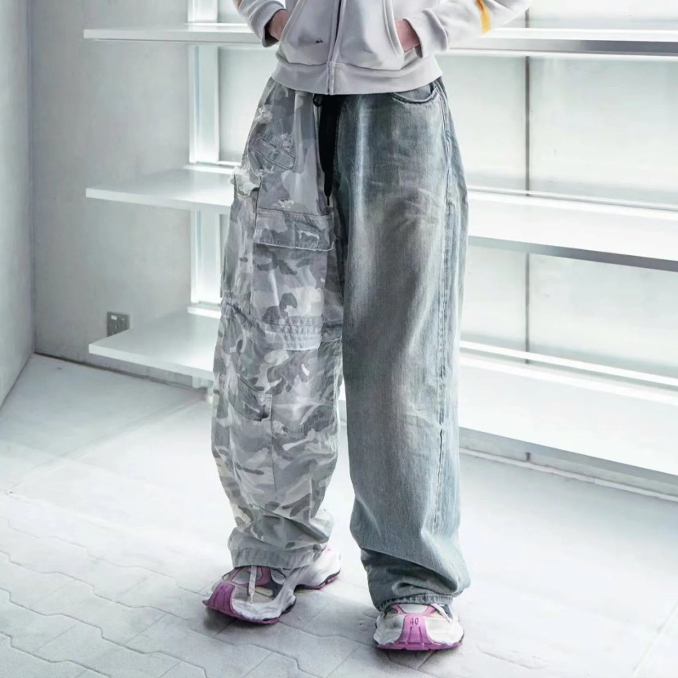 Men's Vintage Washed Camo Spliced Wide-Leg Jeans | Camo Colors