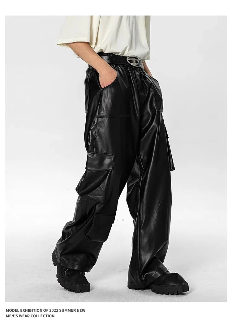 New Men’s Multi-Pocket Cargo Pants Hip-Hop Punk Leather Trousers Camo Colors