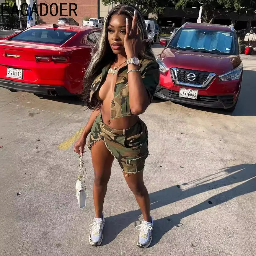 Camouflage Print Irregular Mini Skirt | Two Piece Set Camo Colors