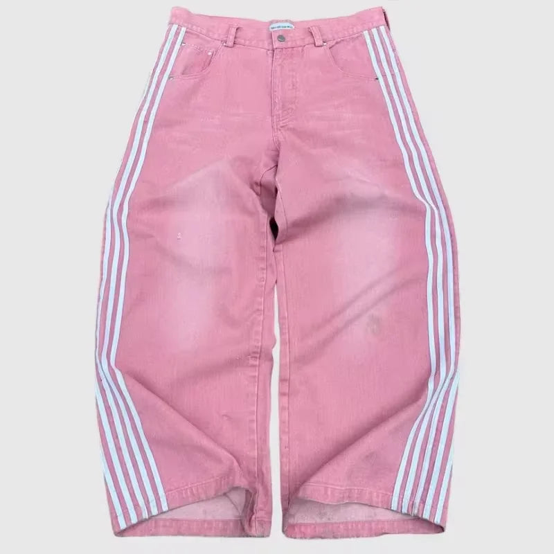 Y2K Embroidered Striped Camo Cargo Jeans Men Women Wide-Leg Camo Colors