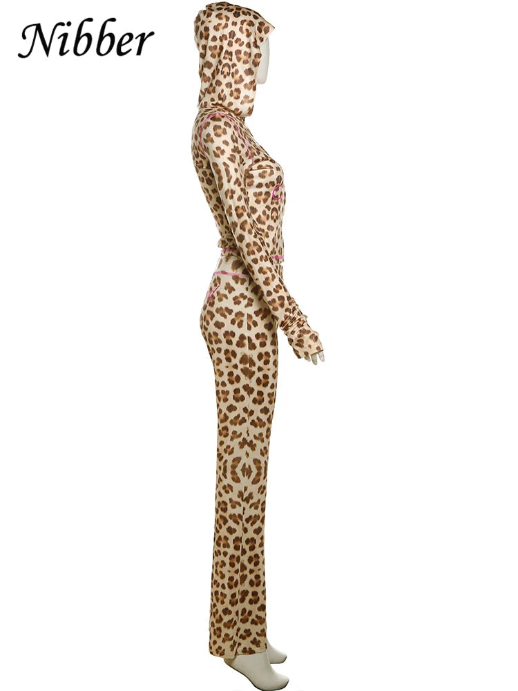 Women's Crop Hoodie & Flared Pants | Leopard Print Set | Camo Colors