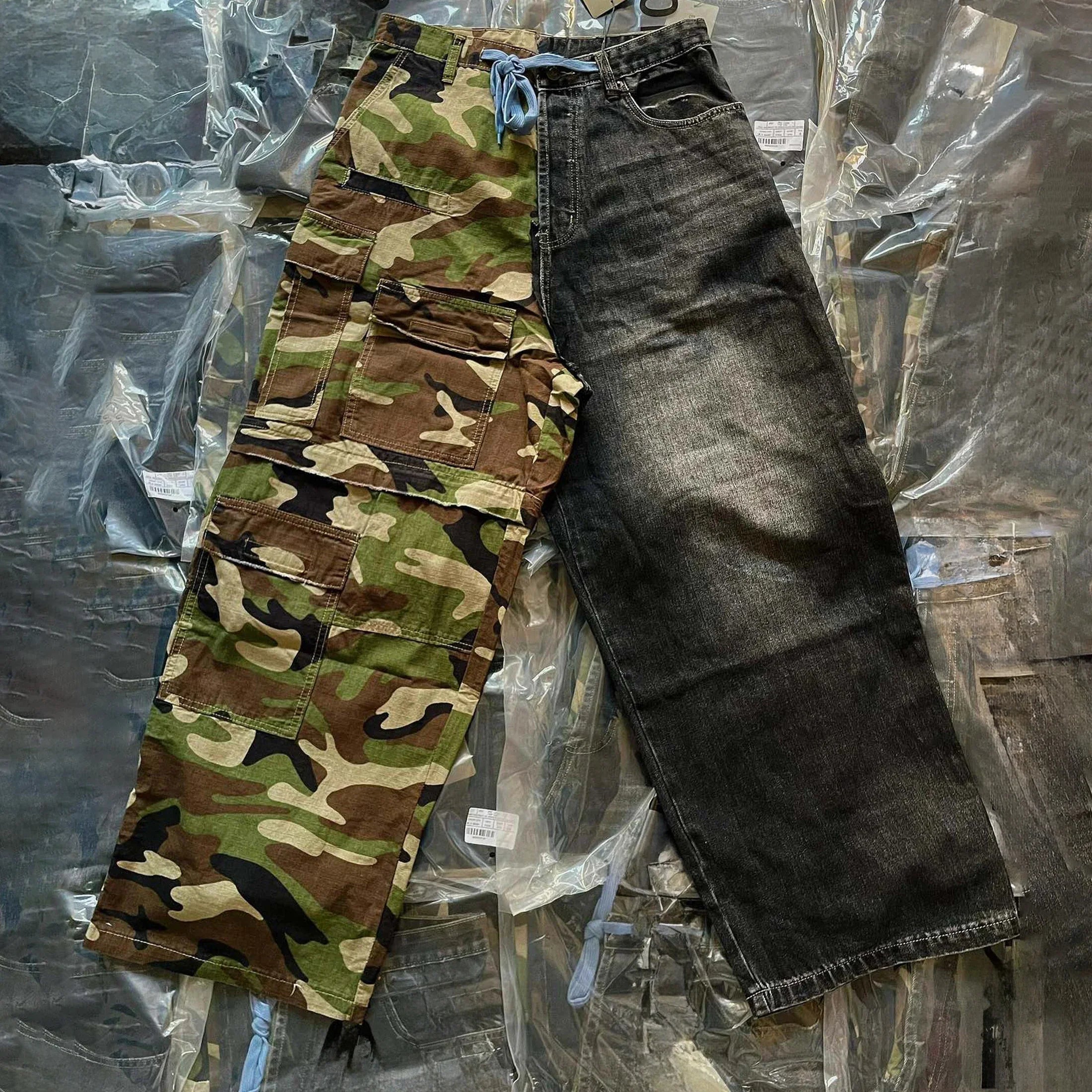 Men's Vintage Washed Camo Spliced Wide-Leg Jeans | Camo Colors