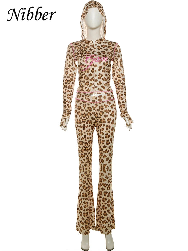 Women's Crop Hoodie & Flared Pants | Leopard Print Set | Camo Colors