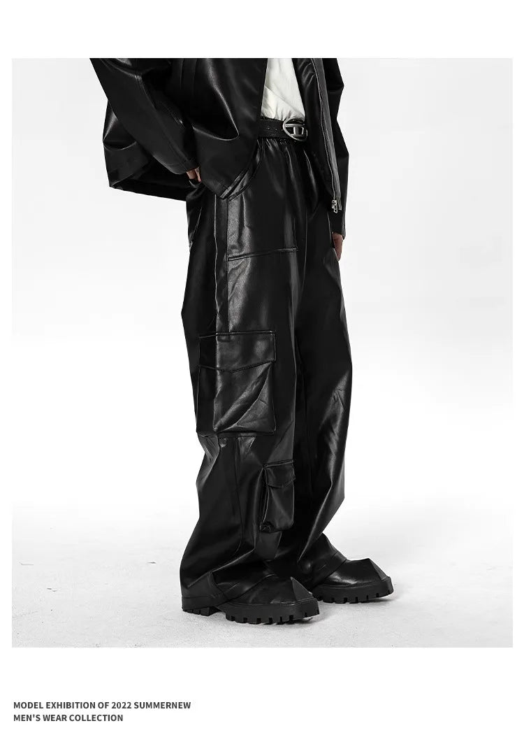 New Men’s Multi-Pocket Cargo Pants Hip-Hop Punk Leather Trousers Camo Colors