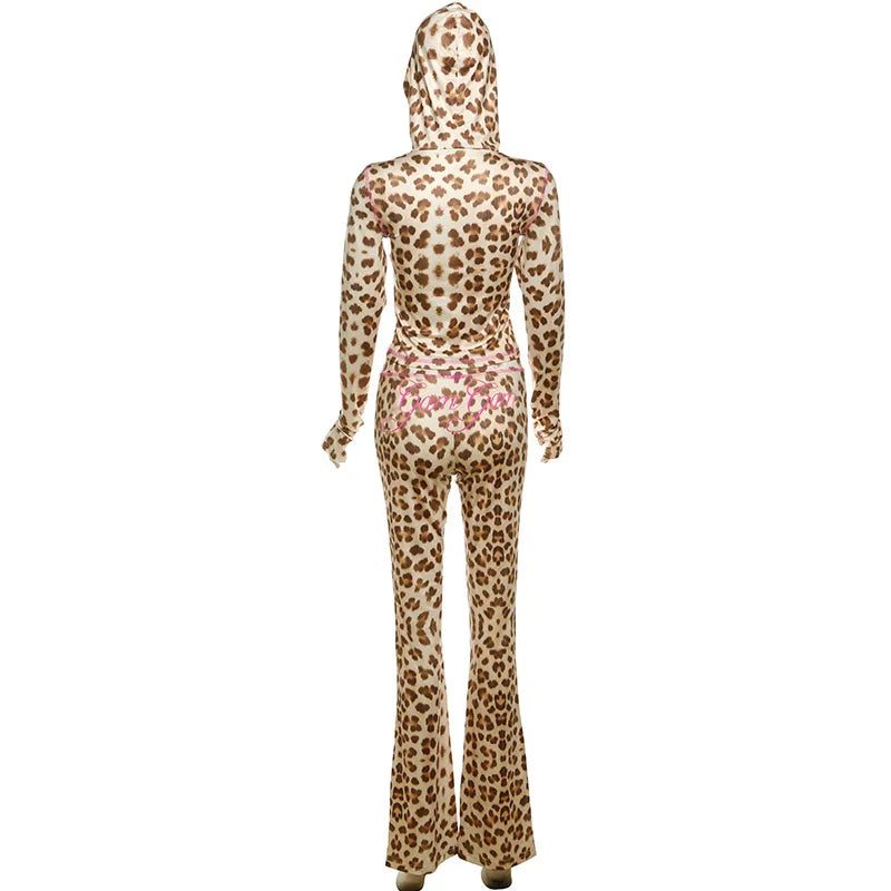 Leopard Letter Print 2-Piece Tracksuit – Crop Hoodie & Flare Pants | Camo Colors