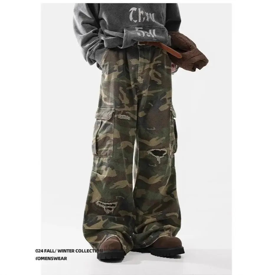 Trendy Men's Women's American Style Pure Wilderness Ripped Camouflage Pants Casual Cargo Pants Loose Fit Vibe Leisure Pants | Camo Colors