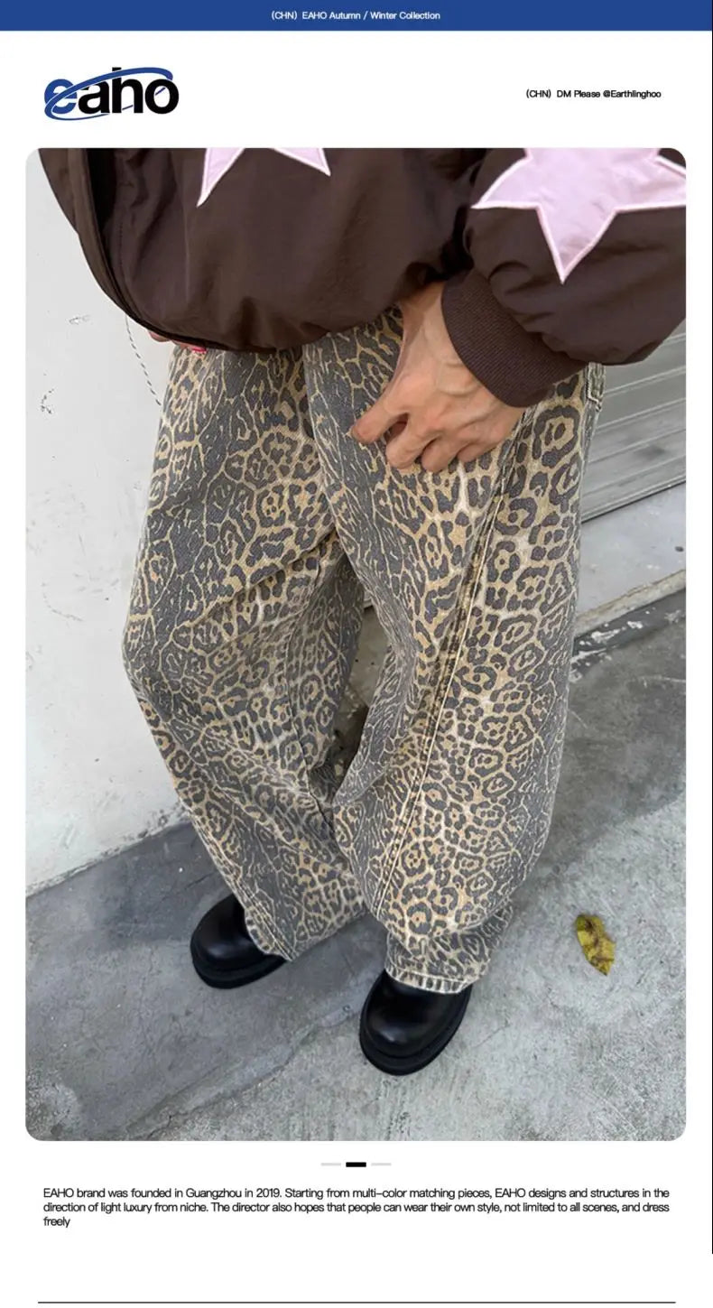 Camo Leopard Print Jeans for Men & Women Loose Straight Fit Camo Colors