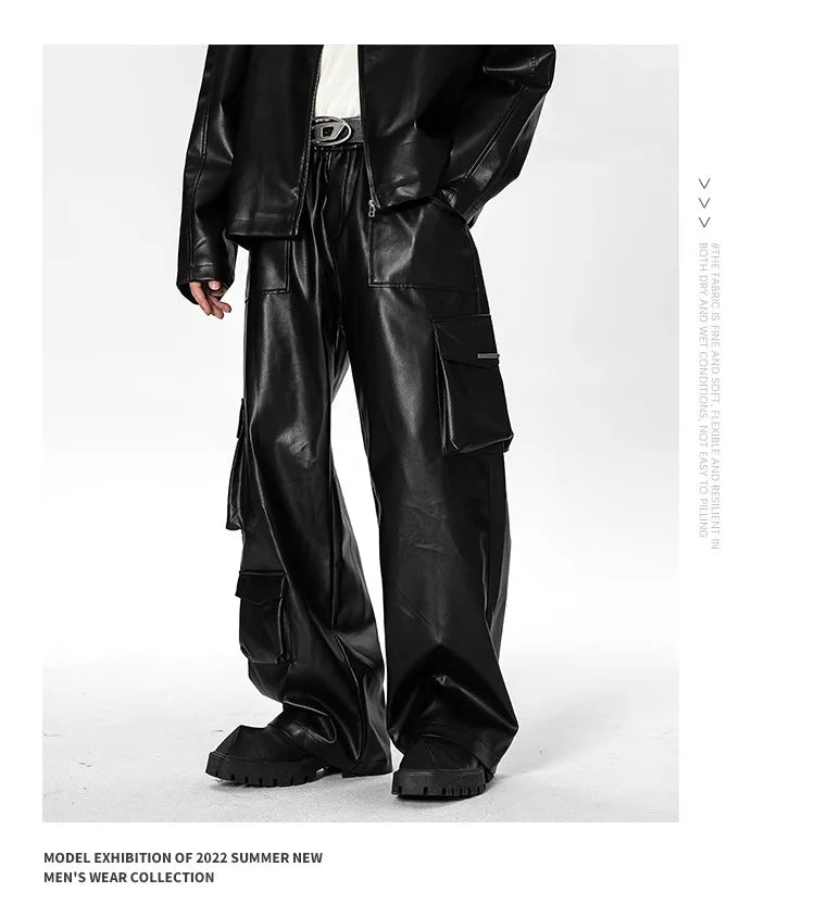 New Men’s Multi-Pocket Cargo Pants Hip-Hop Punk Leather Trousers Camo Colors