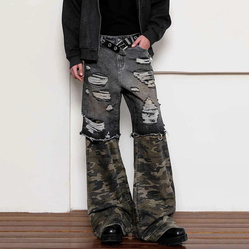American Street Design Camouflage Splicing Jeans PFNW | Camo Colors