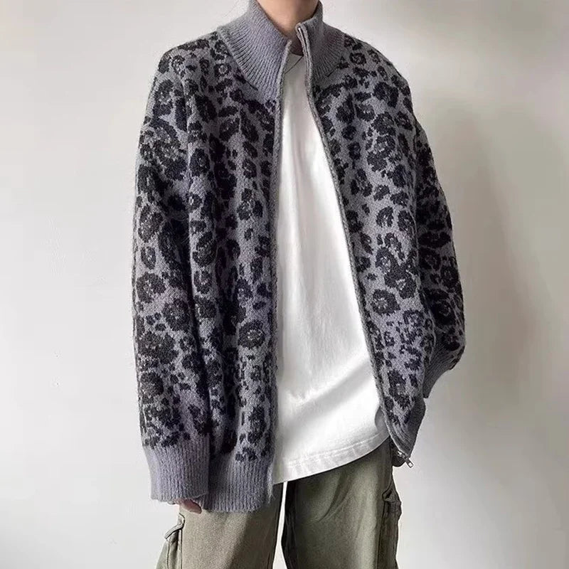Men's Leopard Knit Jacket with Stand Collar | Camo Colors