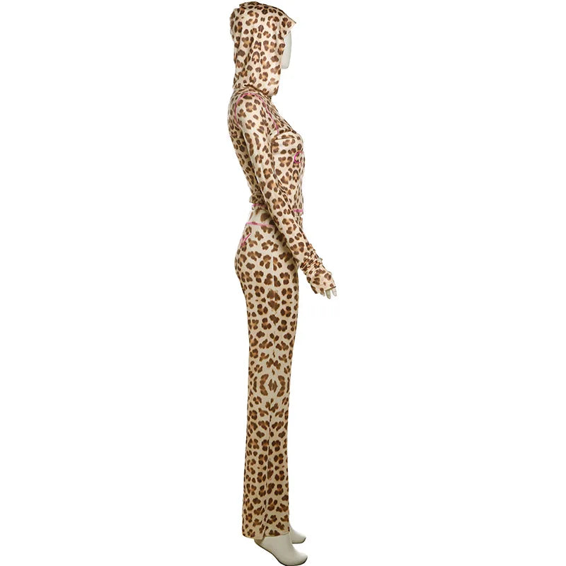 Leopard Letter Print 2-Piece Tracksuit – Crop Hoodie & Flare Pants | Camo Colors