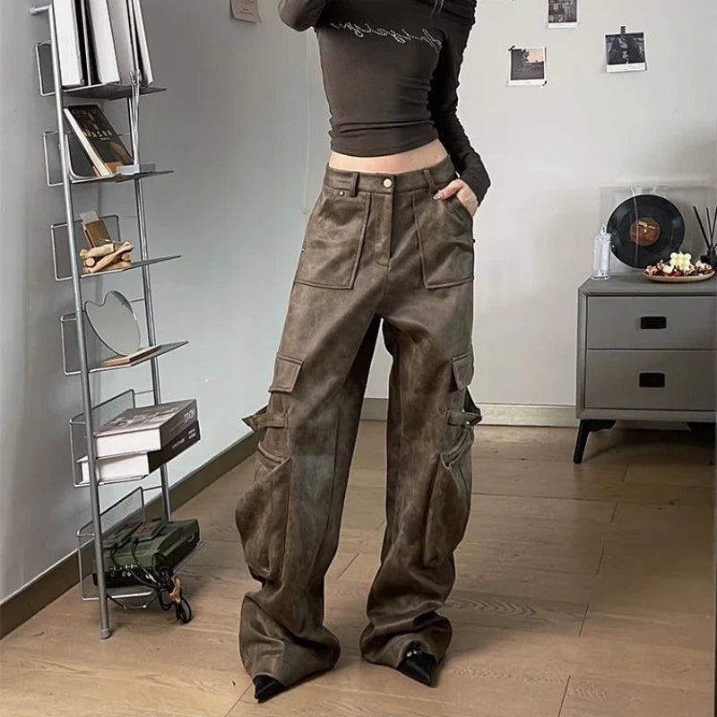 Y2K Baggy Faux Leather Cargo Pants – High Street Vibes | Camo Colors