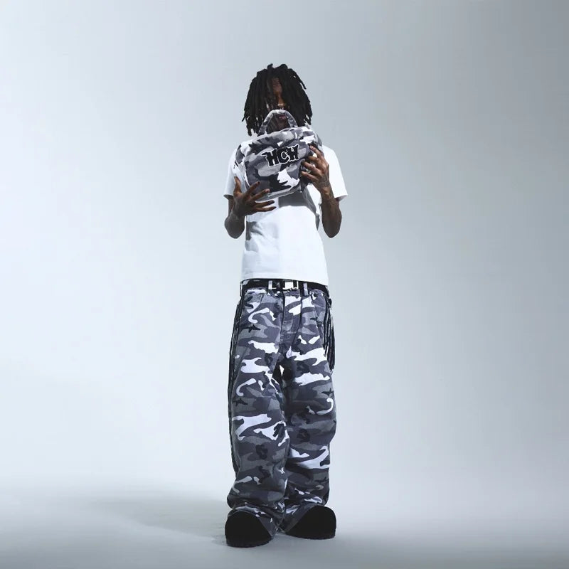 Y2K Embroidered Striped Camo Cargo Jeans Men Women Wide-Leg Camo Colors