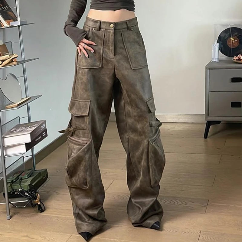 Y2K Baggy Faux Leather Cargo Pants – High Street Vibes | Camo Colors