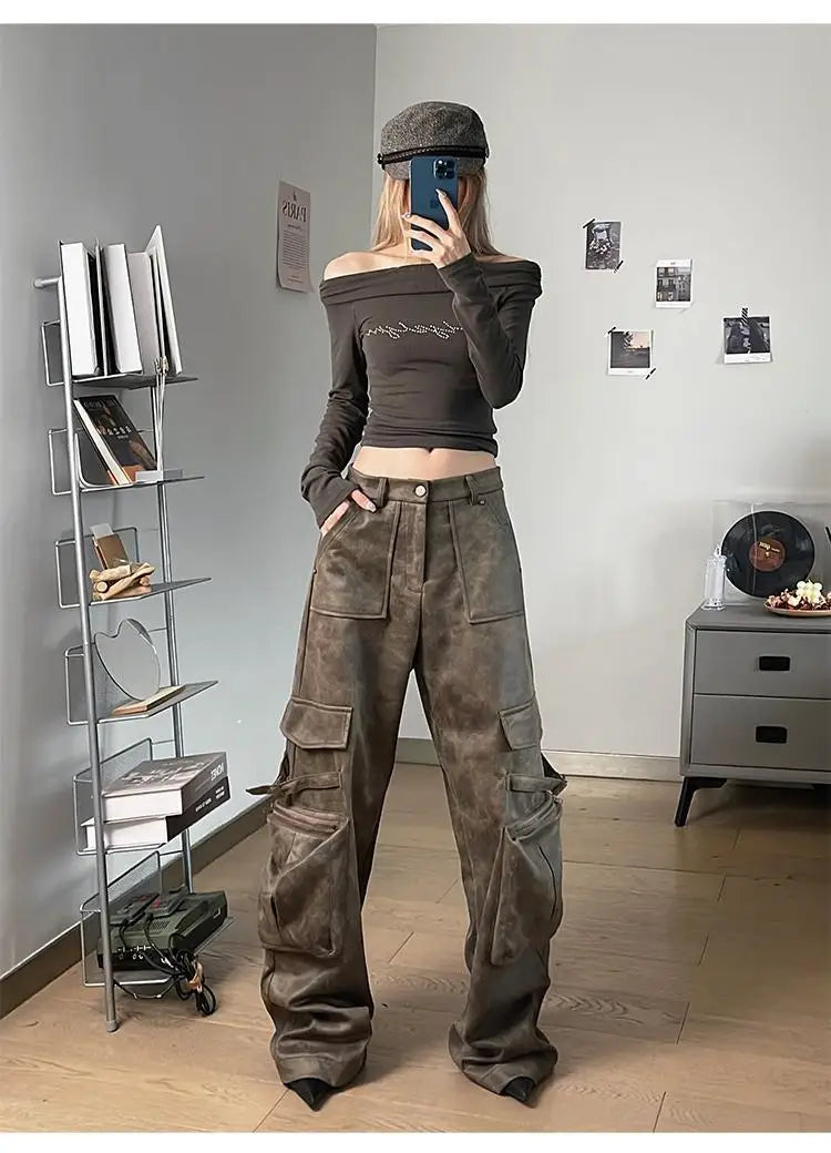 Y2K Baggy Faux Leather Cargo Pants – High Street Vibes | Camo Colors