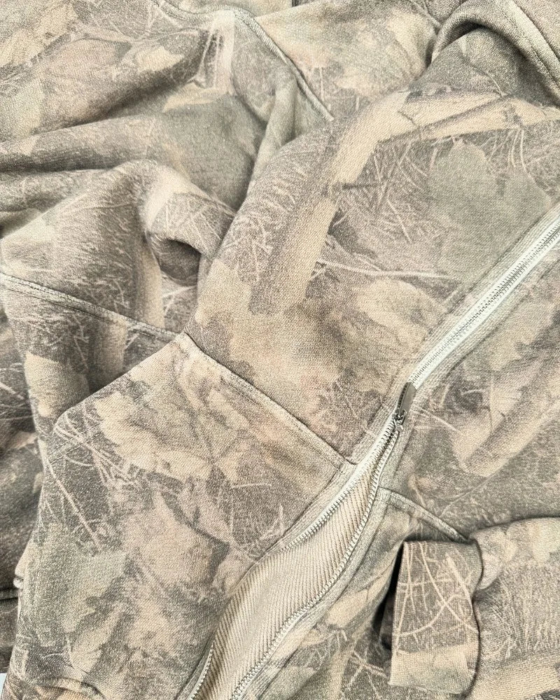 Y2K Leaf Print Zipper Hoodie – Hip Hop Streetwear | Camo Colors