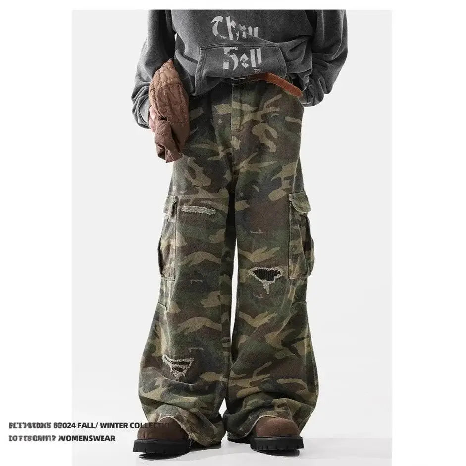 Trendy Men's Women's American Style Pure Wilderness Ripped Camouflage Pants Casual Cargo Pants Loose Fit Vibe Leisure Pants | Camo Colors