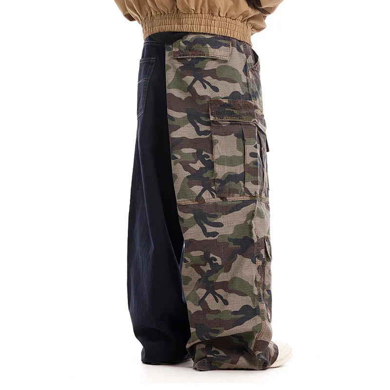 Men’s Vintage Camouflage Spliced Wide-Leg Cargo Pants | Camo Colors
