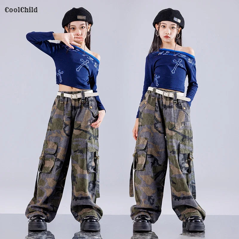 Girls' Hip-Hop Crop Top Camouflage Cargo Pants – Streetwear Style | Camo Colors