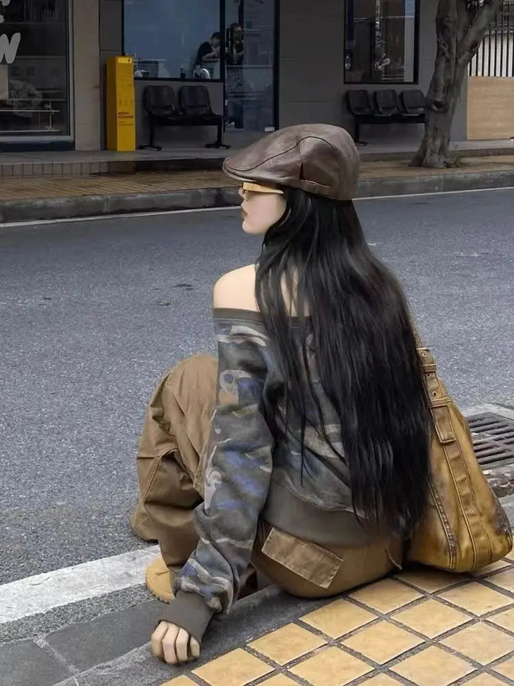 Off-Shoulder Camouflage Harajuku Cropped Sweatshirt for Women | Camo Colors