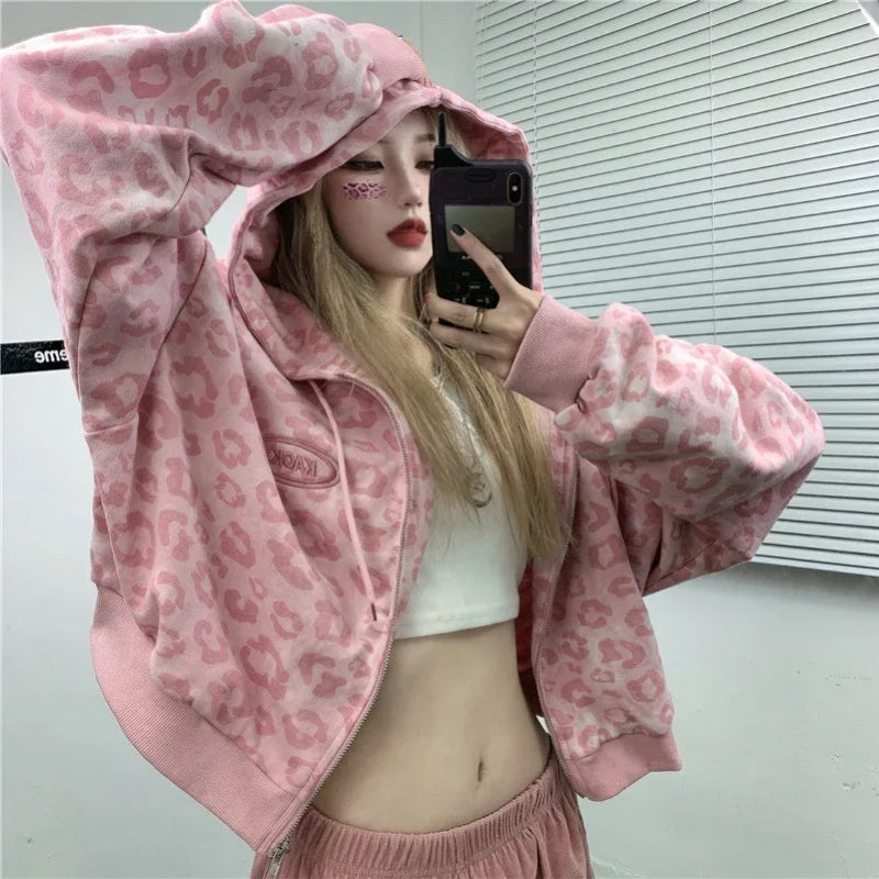 Streetwear Leopard Print Crop Hoodie – Oversized Pink Harajuku Style | Camo Colors