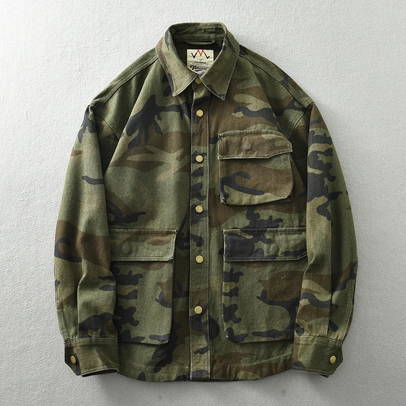Men’s Washed Camo Cargo Jacket – Heavy-Duty Multi-Pocket Coat | Camo Colors
