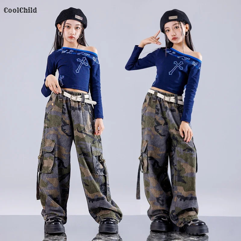 Girls' Hip-Hop Crop Top Camouflage Cargo Pants – Streetwear Style | Camo Colors