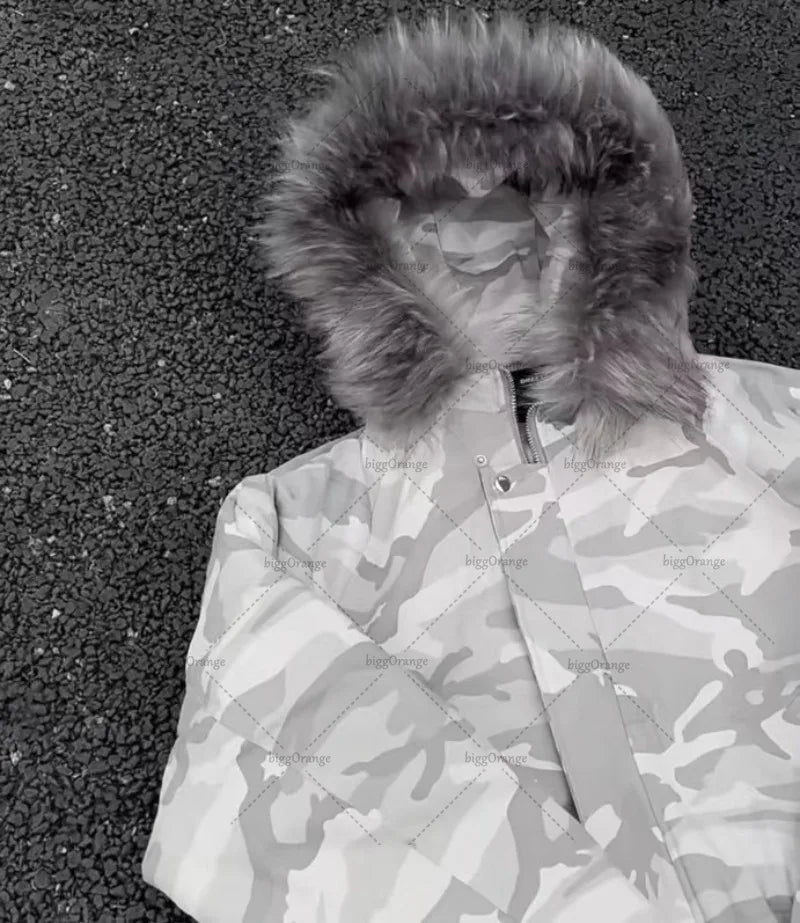 Harajuku Camo Bomber Jacket with Fur Collar Warm Coat Men Camo Colors