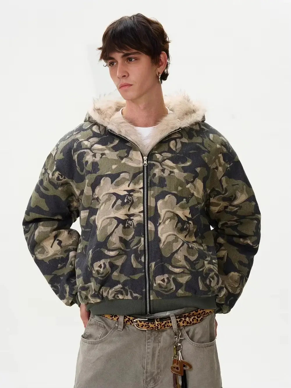 Unisex Fur Collar Camouflage Hooded Puffer Jacket | Casual Loose Fit Camo Colors