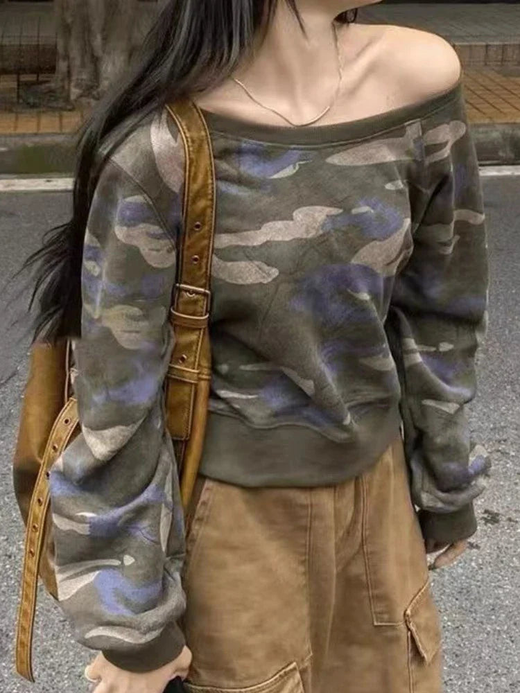 Off-Shoulder Camouflage Harajuku Cropped Sweatshirt for Women | Camo Colors