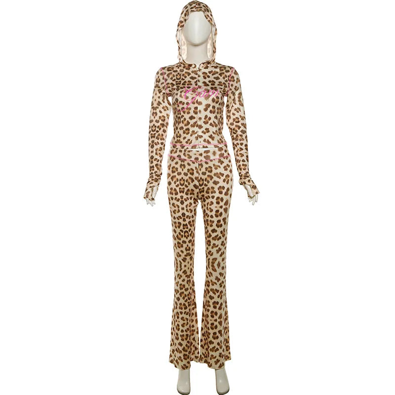 Leopard Letter Print 2-Piece Tracksuit – Crop Hoodie & Flare Pants | Camo Colors