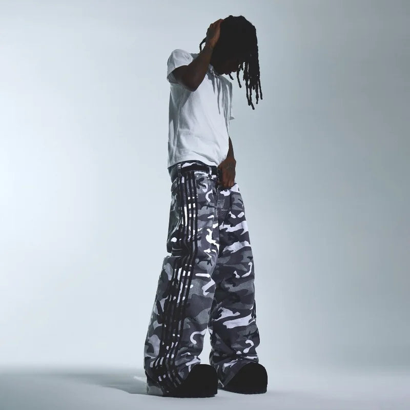 Y2K Embroidered Striped Camo Cargo Jeans Men Women Wide-Leg Camo Colors