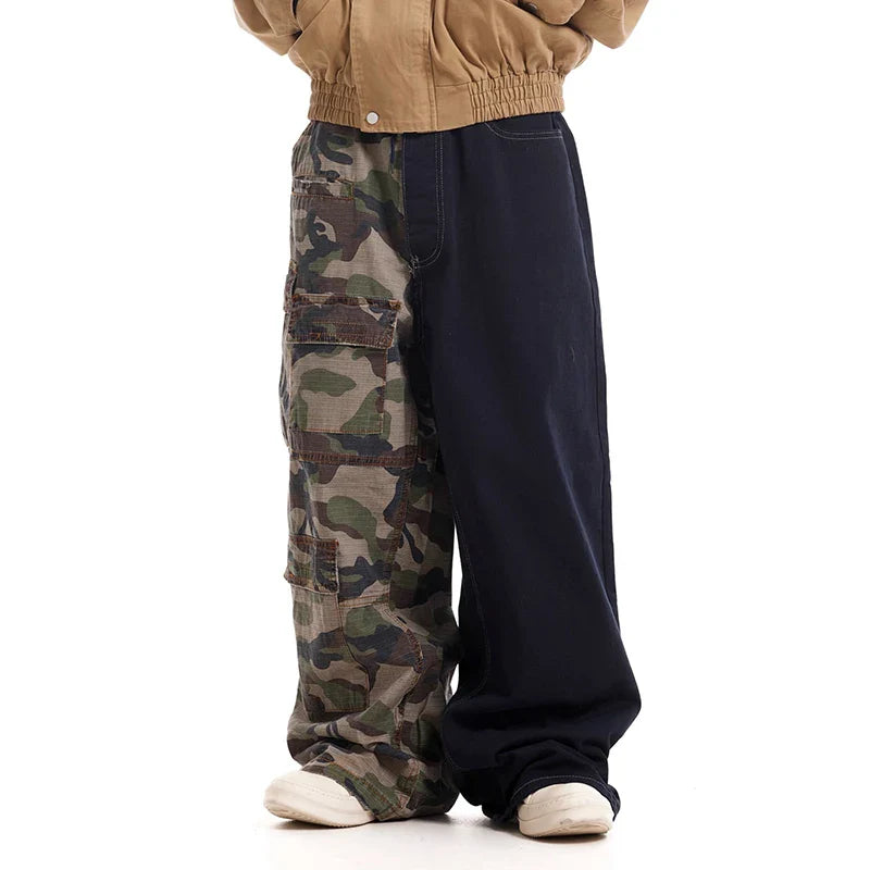 Men’s Vintage Camouflage Spliced Wide-Leg Cargo Pants | Camo Colors