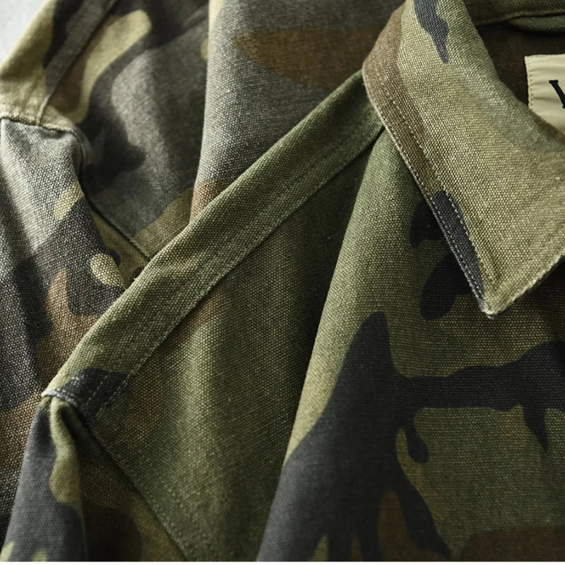 Men’s Washed Camo Cargo Jacket – Heavy-Duty Multi-Pocket Coat | Camo Colors