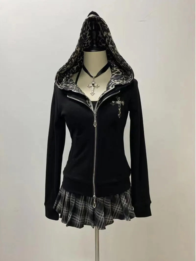 Y2K Retro Gothic Leopard Print Zip Hoodie – Harajuku Casual Top | Camo Colors