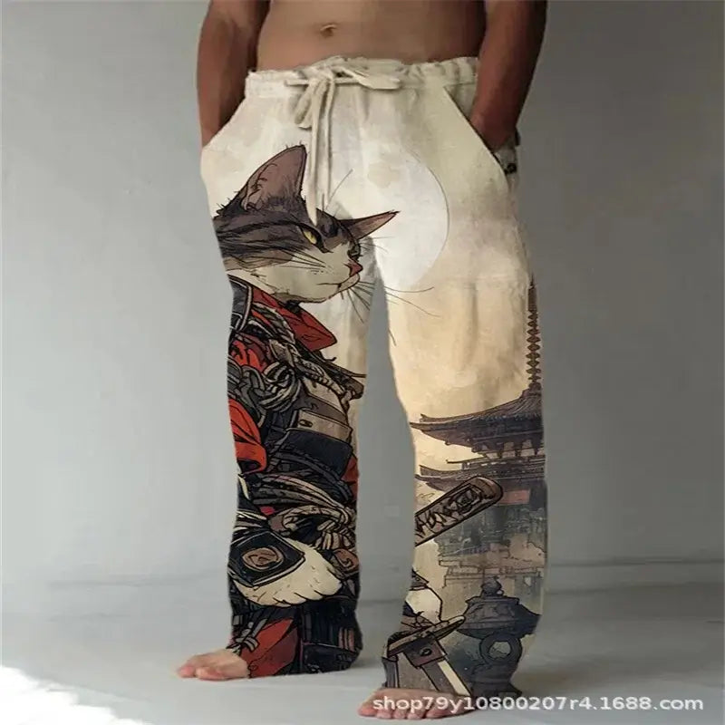 Japanese Samurai Cat Print Wide Leg Pants – Harajuku Streetwear | Camo Colors